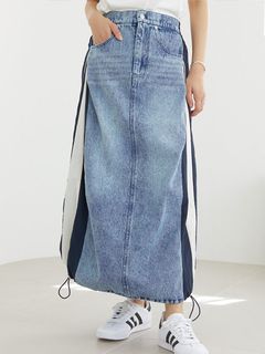 [洗える]異素材ドッキングデニムスカート/大きいサイズ